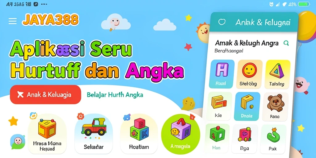 Antarmuka JAYA388 yang ramah anak dengan fitur belajar huruf dan angka.