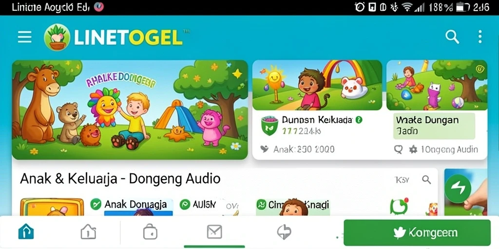Tampilan antarmuka LINETOGEL yang ramah anak dengan berbagai pilihan cerita.